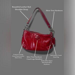 Coach Glossy Red Leather Shoulder Bag with Silver Accents